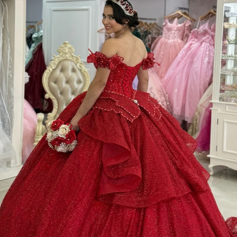 Rode Glanzende Quinceanera Jurken Uit De Schouder Pailletten Applique Kralen Boog Tule Baljurk Vestidos De 15 Anos Sweet 16 Jurk
