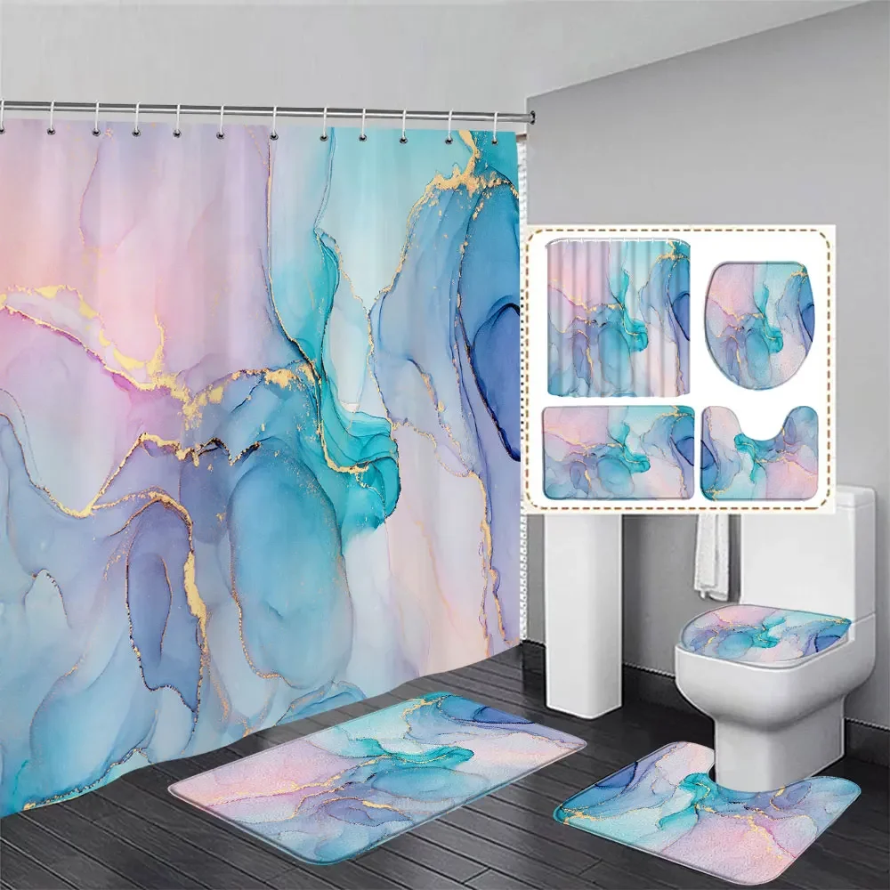 Marble Free Flow Metal Swirl Texture Shower Curtain Rug Set Natural Luxury Abstract Fluid Texture Waterproof Shower Curtains Set