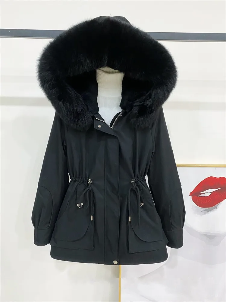 Elegante Frauen Winter warm Rex Kaninchen Futter Mantel Echtpelz Kragen Kapuze verstellbare Taille Büro Damen Parkas Mode jacke