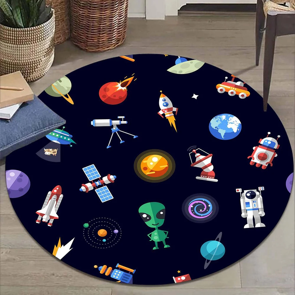 Astronaut Rocket Print Round Rug Cartoon Planet Rocket Print Floor Rug For Living Room And Bedroom Washable And Non Slip Mat