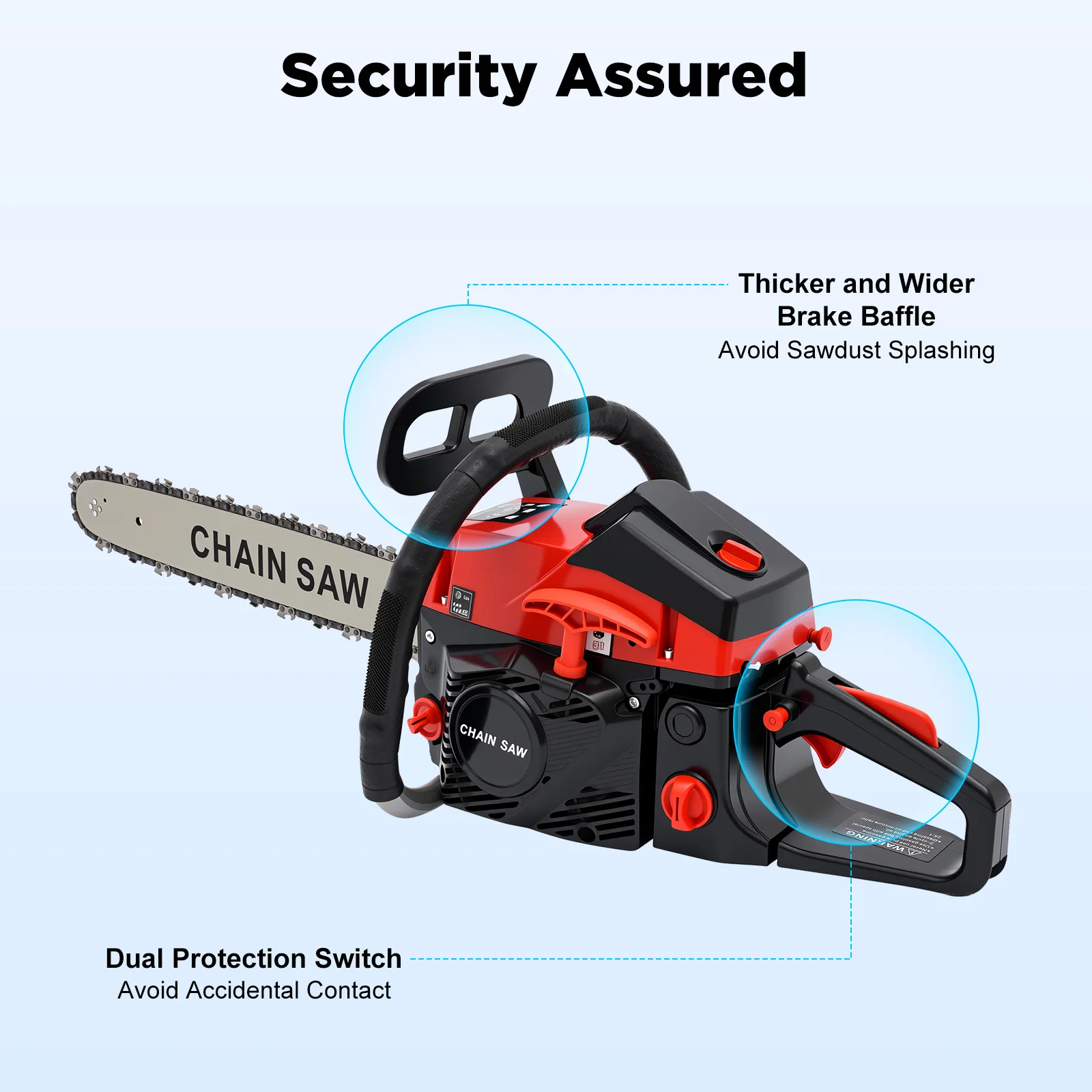 

18-inch 58CC Gasoline Chain Saw 2-Stroke 2.2Kw 2800-11000rpm Dual Safety Switch Auto Lubrication for Garden/Forest/Wood Cutting