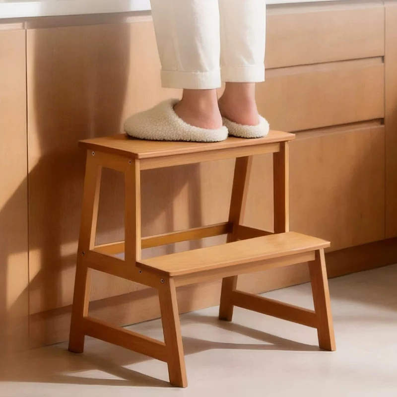 Bamboo Folding Step Stool, Wide Platform Ladder Chair, 2 Way Climbing Seat Bench, Sturdy Household Standing Step Ladder