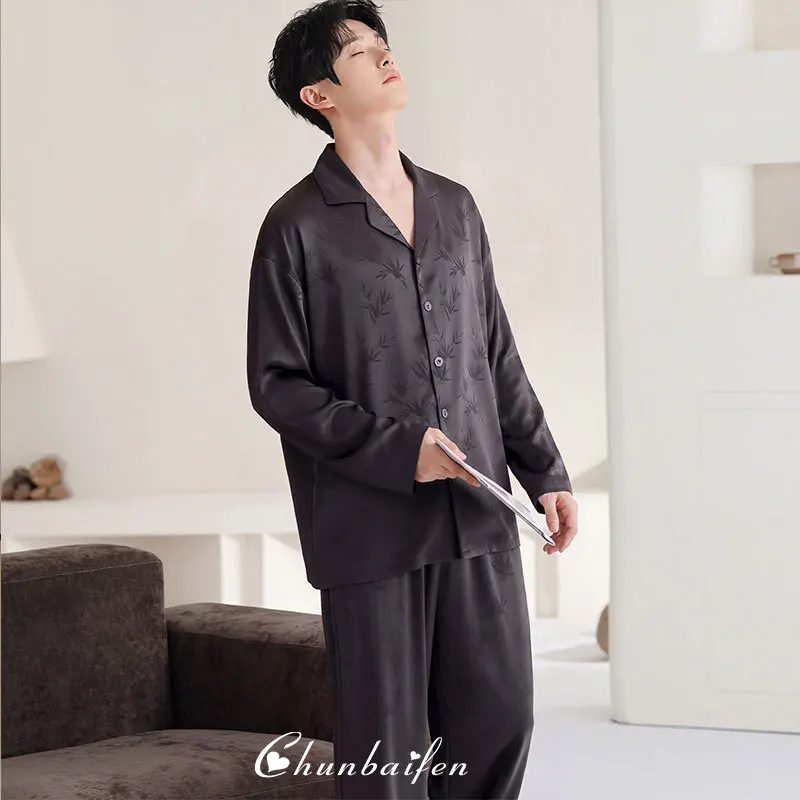 2026 Spring New Ice Silk Collar Cardigan Long Sleeve and Long Pants 2Pcs Men's Pajama Cartoon Stripe Homewear Set Hombre Pijamas