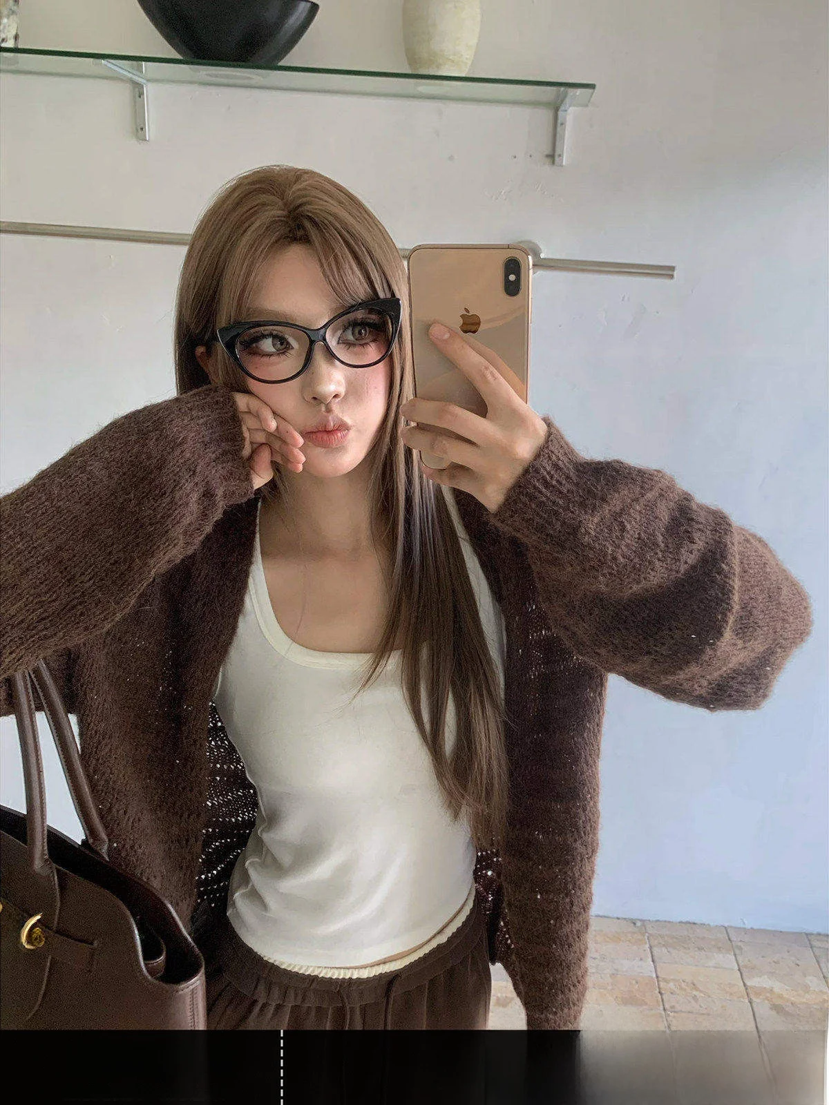 GOGOBURN American Style Woolen Brown Knitted Cardigan Women's Long Sleeve Sweater Top Lazy Style Autumn Fashion for Girls