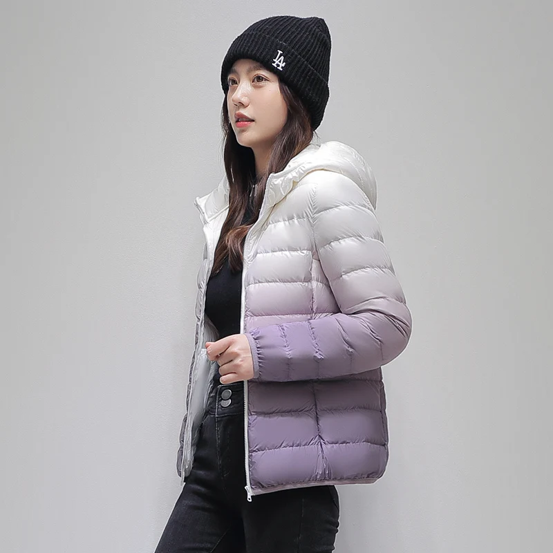 Women Gradient Designer Puffer Jackets 90% White Duck Down Jackets Female Hooded Slim Fit Ultra Lightweight Keep Warm Down Coats