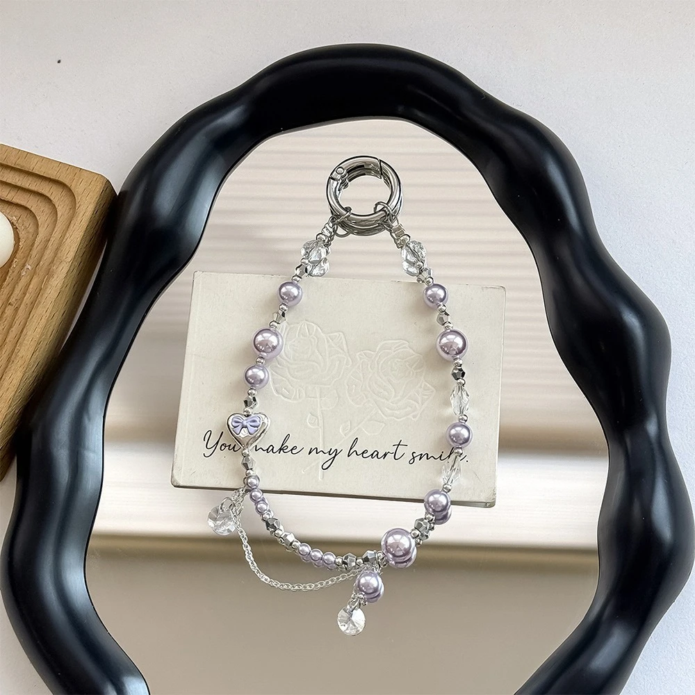 

Luxury Purple Pearl Phone Lanyard Sweet Bow Heart Pendant Beaded Keychain Coquette Bag Charm Y2K Aesthetic Wrist Strap
