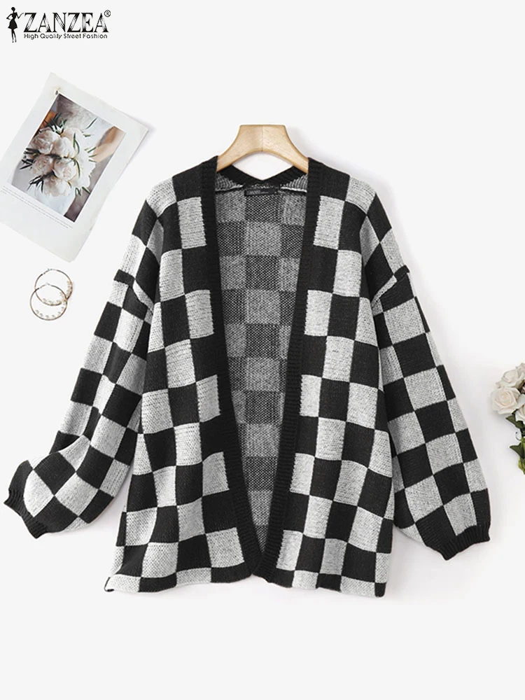 

Women Vintage Checked Oversized Cardigan Sweaters Stylish Cozy Lantern Sleeve Open-Front Sweater ZANZEA FW 2025 Woman Clothes