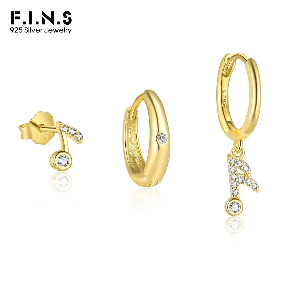 F.I.N.S Luxury S925 Sterling Silver Mini Note Zircon Geometric Stud Earrings Fashion Stacked Piercing Round Hoop Huggies Jewelry