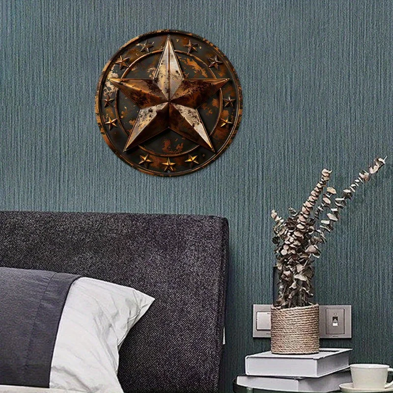 1pc Large 8x8 Inch Rusty Stars Theme Round Aluminum Wreath Sign - Distressed Spring Vintage Design, Whimsical Hippie Decor