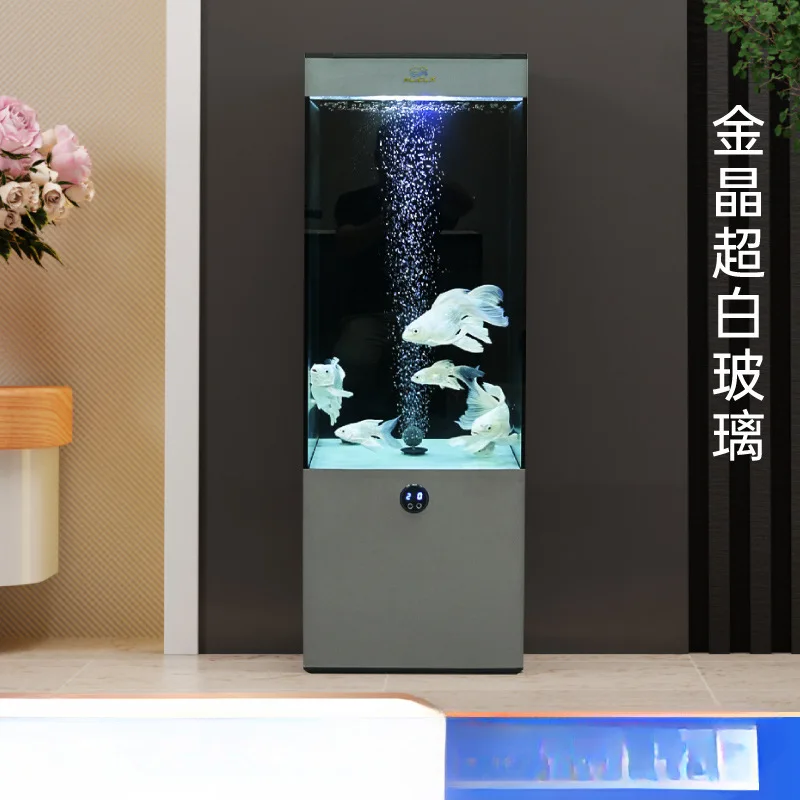 

New goldfish tank living room TV cabinet next to floor-to-ceiling silent ultra-white glass vertical square ecological bottom