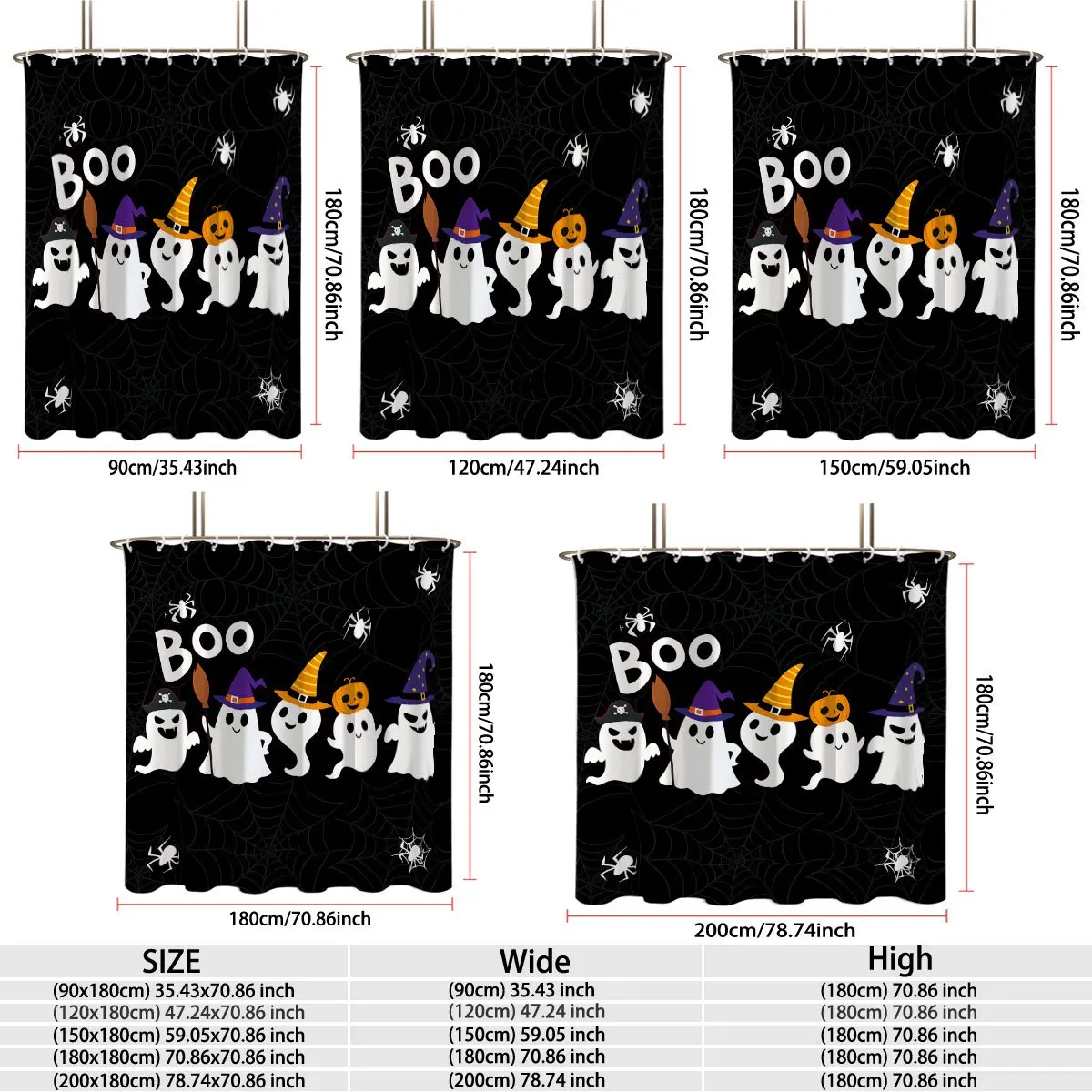 Halloween Shower Curtain, Polyester Digital Print Cute Ghost Boo Spider Web Pattern Waterproof Fabric Bathroom Shower Curtain