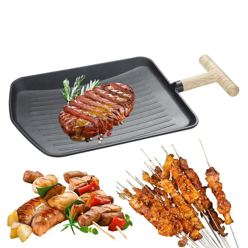 

Shape Rectangular Griddle Pan Skillet With Wooden Handle Indoor Chicken Skillet Nonstick Oven Safe For Outdoor Camping Picnic