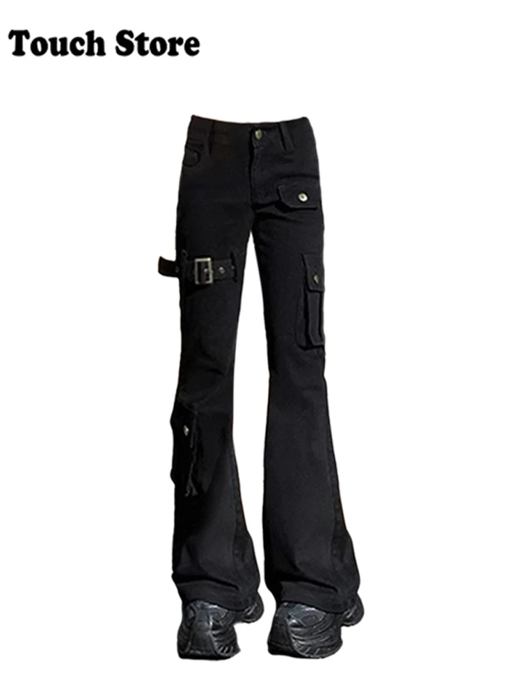 Women Dark Academia Harajuku Fashion Cargo Flare Jeans Grunge Japanese Slim Y2K Denim Pants 2000s Aesthetic Trousers Abi Grunge
