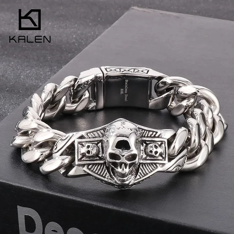 KALEN Stainless Steel 316L Skull Bracelet Men Domineering Punk Bracelet Gothic Hip Hop Rock Motorcycle Riding Jewelry Gift