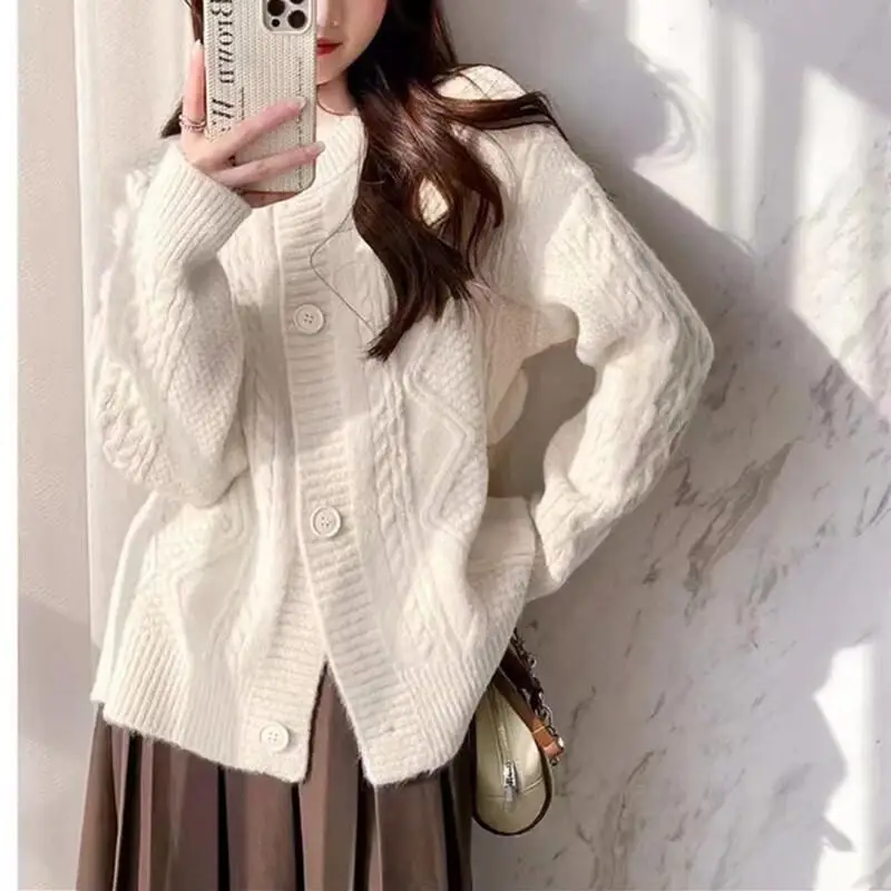 

Women Knit Cardigan Sweater Coat Autumn Winter Thick Cable Knit Loose Fit Versatile Solid Color Round Neck Korean Style Lazy