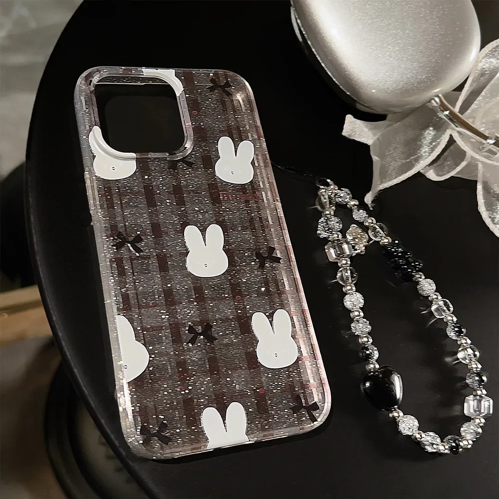 Funny Glitter bunny bow Retro Plaid Bracelet Phone Case For iPhone 17 air 16 15 14 13 12 11 Pro Max Xr Case Cute Cartoon Cover