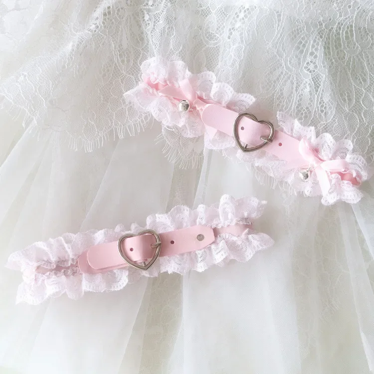 

Choker LOLITA Pink Girl Heart Lace Leather Collar Heart shaped Neck Ring Bell Bow Necklace LOLITA Accessories