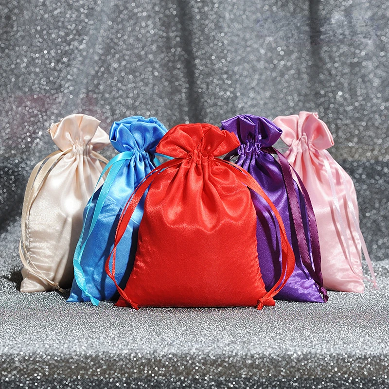 50 Pcs/Lot Drawstring Satin Bags for Christmas New Year Party Smooth Touching Silk Gift Fabric Package Pouch