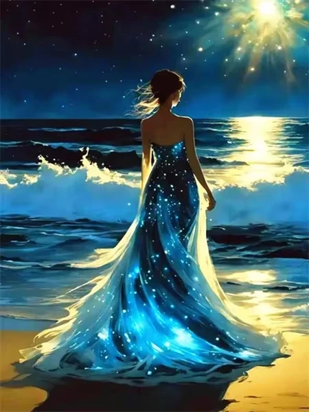 

Sparkle Galaxy Trail Dress Seaside Woman Jigsaw Puzzle, Dark Starry Sky Golden Moon Reflection Kids Room Wall Decor
