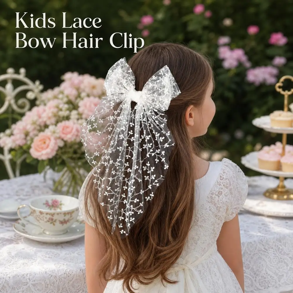 Large Mesh Lace Bow Clips for Girls, Lovely Princess Lace Bowknots with Long Tails Hair Barrettes for Wedding Birthday Party