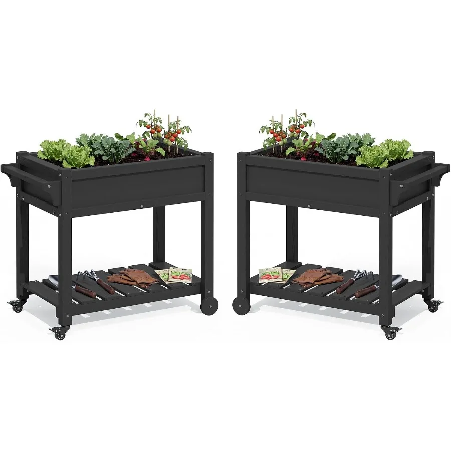 Raised Garden Bed on Wheels with Storage Shelf Set of 2: outdoor use, galvanized steel, black, mobile and space-saving design