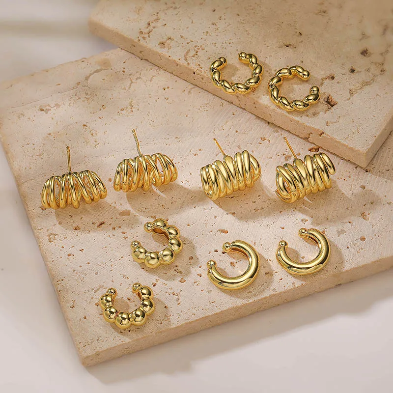

HECHENG,Chunky Ear Cuff 18K Real Gold Plated Brass Smooth Unique Earrings For Women