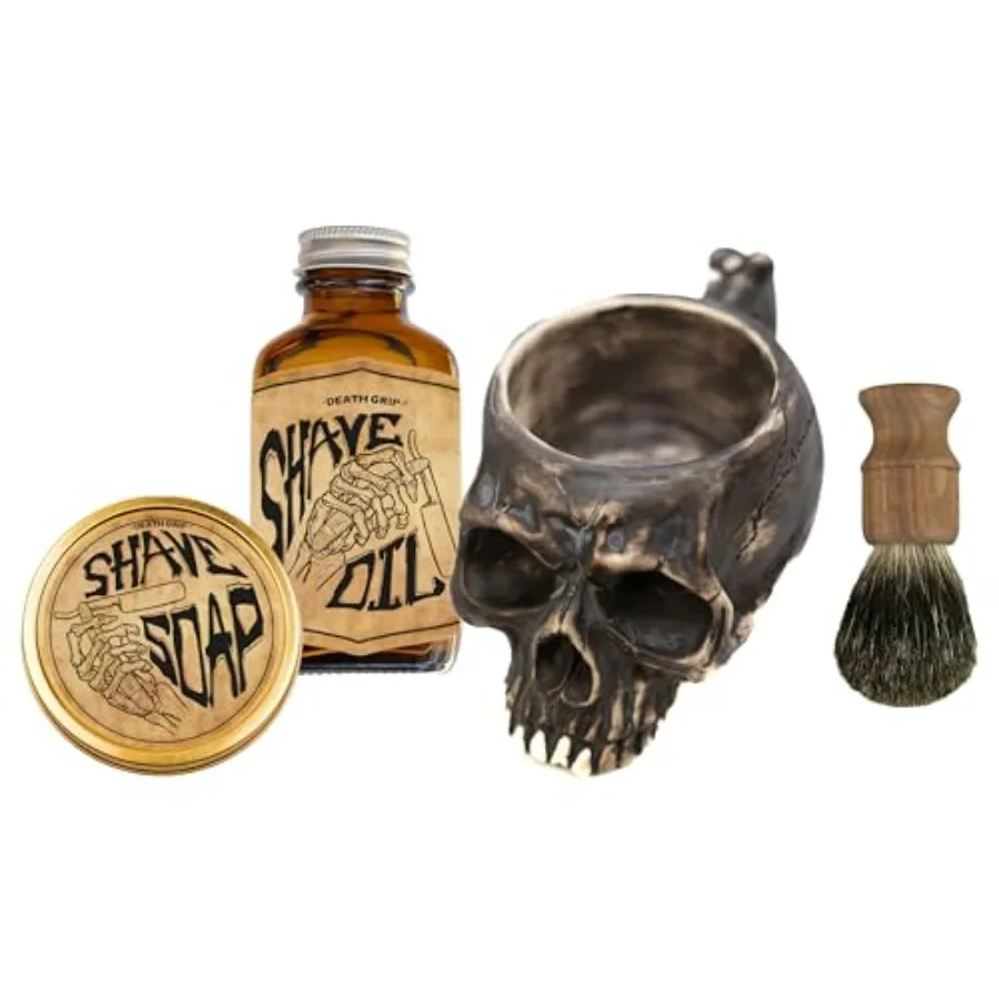 

Shaving Kit for Men Traditional Wet Shave Set with 4oz Shaving Soap, 3oz Tea Tree Oil, Badger Brush and Skull Bowl For Use with