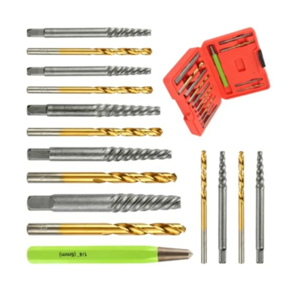 15 Piece Reverse Drill Bit Set with Screw Extractors for Stripped Fastener Removal in Manufacturing Assembly and Prototyping