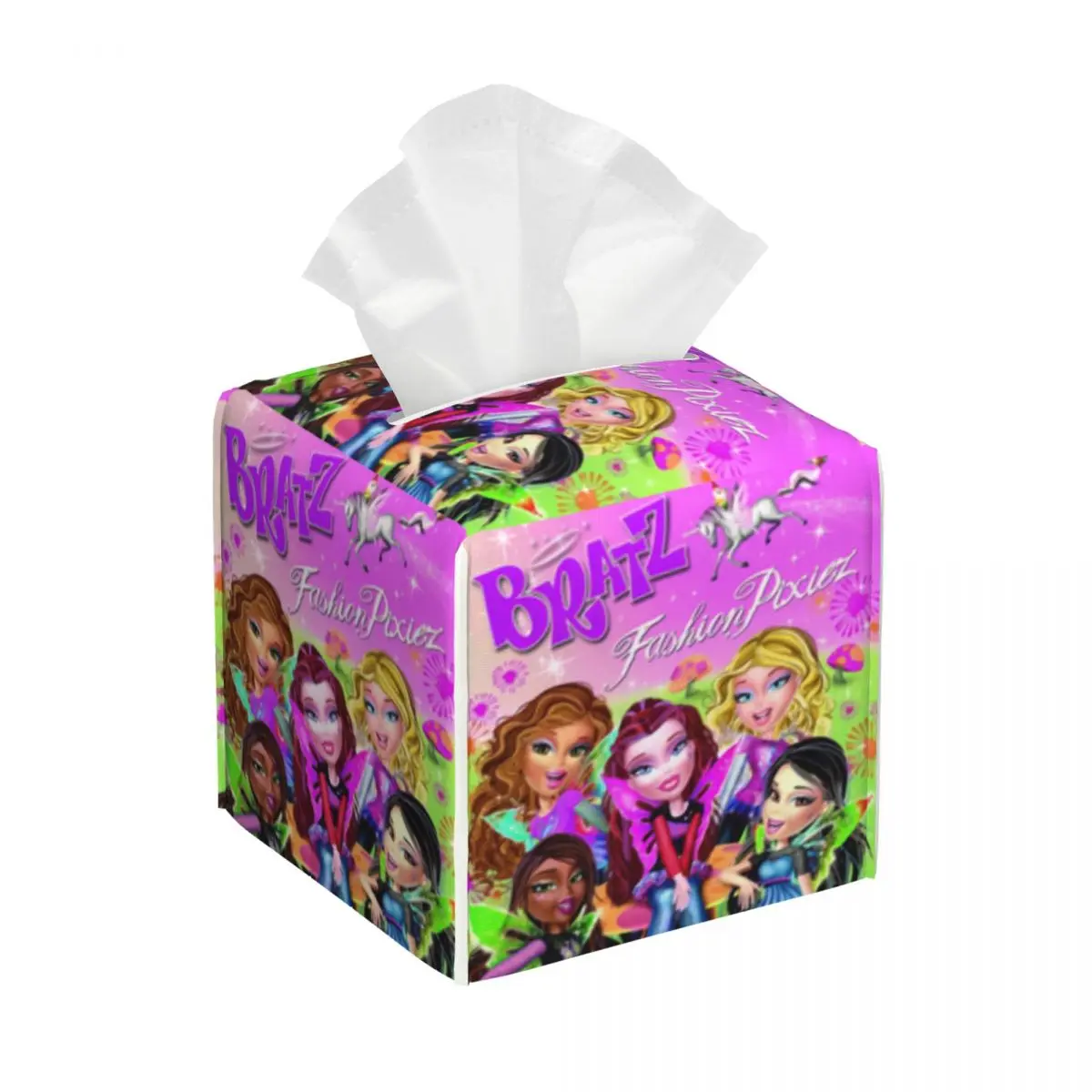 Custom Bratzs Doll Tissue Box Cover PU Leather Square Cartoon Tv Movie Facial Tissues Holder for Home