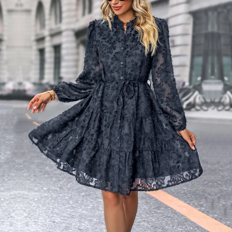 Mini abiti in pizzo solido da donna eleganti primavera autunno Casual Boho abiti monopetto a maniche lunghe abiti autunnali per le vacanze