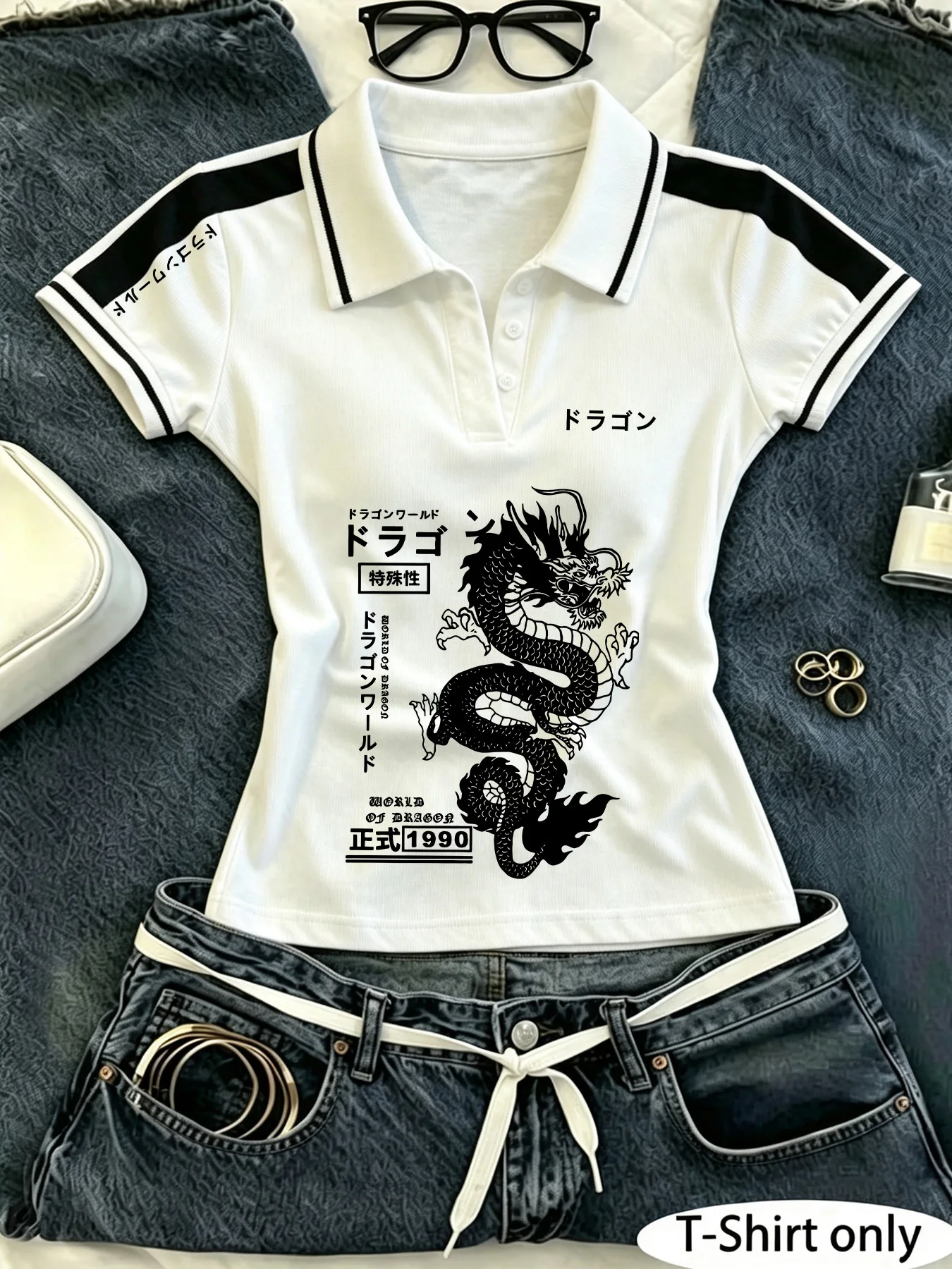 Women's Y2K Crop Polo Shirt, Japanese Dragon Kanji Graphic Print Color‑Block Short Sleeve Collared Slim Fit Street Casual Top
