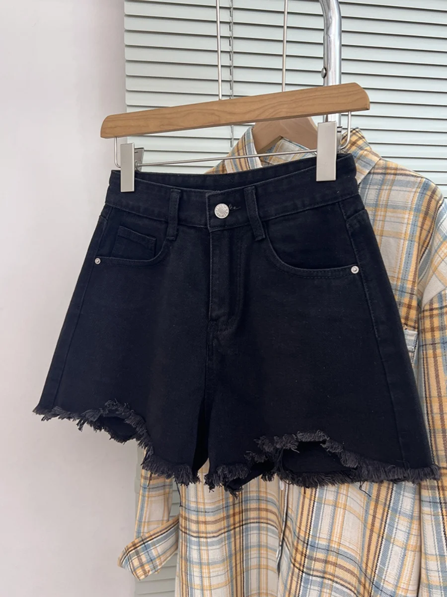 

plus Size Women's High Waist Frayed Hem Denim Shorts A-Line Wide Leg Trendy Hot Pants Spring Autumn Casual Fashion