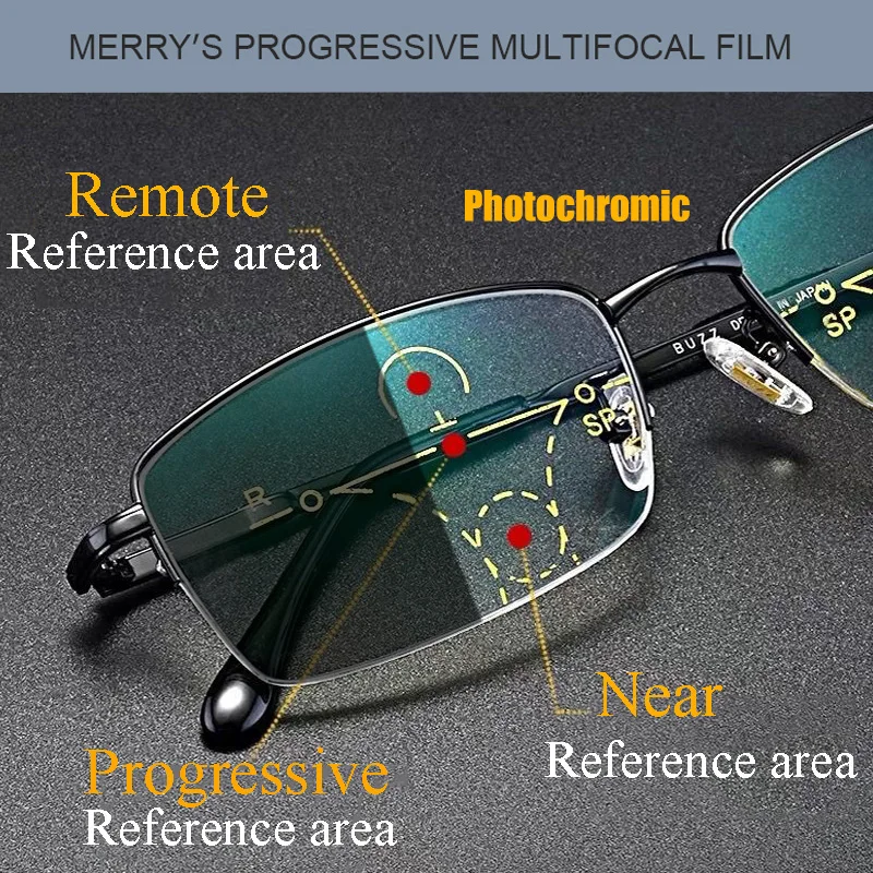 Photochrome Progressive Multifokus-Lesebrille mit Blaulichtfilter, Anti-Ermüdungs-Metallrahmen, Multifokale Lesehilfe