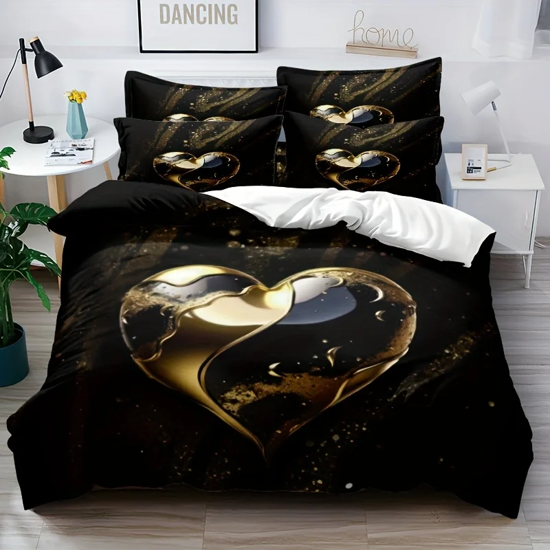 

3pcs Bedding Set Black Love Heart 3D Printed Cozy Duvet Cover Set King Queen Twin Single Size Birthday Gift Bedroom Decoration