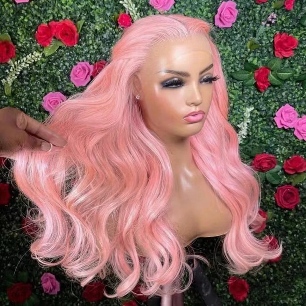 WIF Light Pink Body Wave Synthetic Lace Wig Middle Part Long Wavy Pink Hair Heat Fiber Party Makeup Women Wear Lace Front Wigs