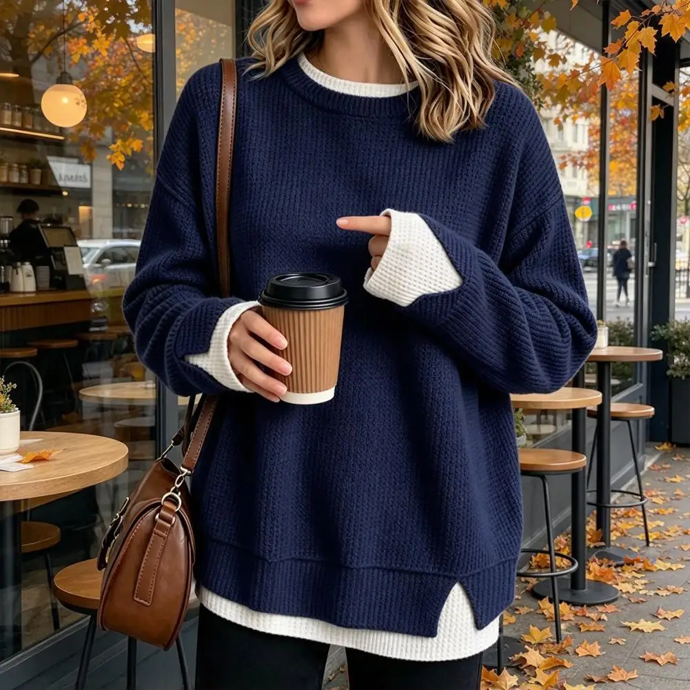 Pullover Tops Women Waffle Texture Sweatshirt Crew Neck Long Sleeve Faux Two Piece Loose Fit Casual Sport Daily Wear Streetwear