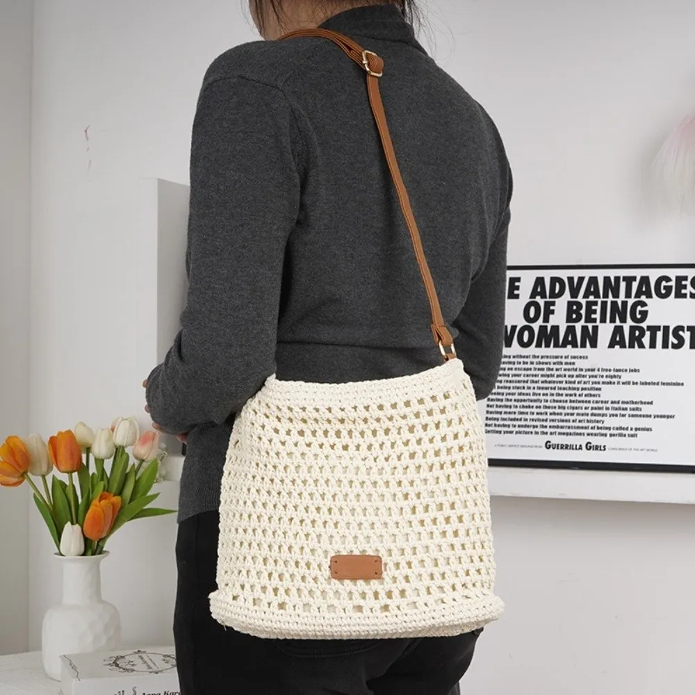

Fashion Large Capacity Shoulder Bag Bucket Shape Solid Color Straw Bag Hollow Out Tote Bag Beach