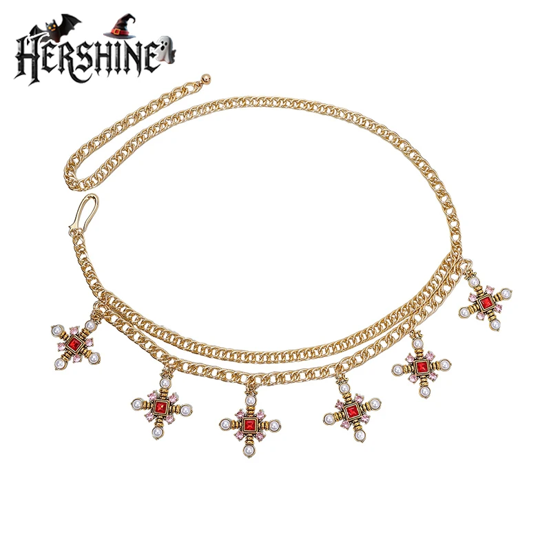 Hershine 1-piece Women's Gold Fashion Pearl Rhinestone Cross Waist Chain, Vintage Bohemian Style for Cosplay，spring，summer
