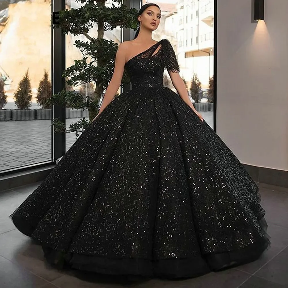 

Sequin Black Evening Gowns Long 2024 One Shoulder ball gownsBall Gown Formal Dresses Arabic Sparkly Prom Dress