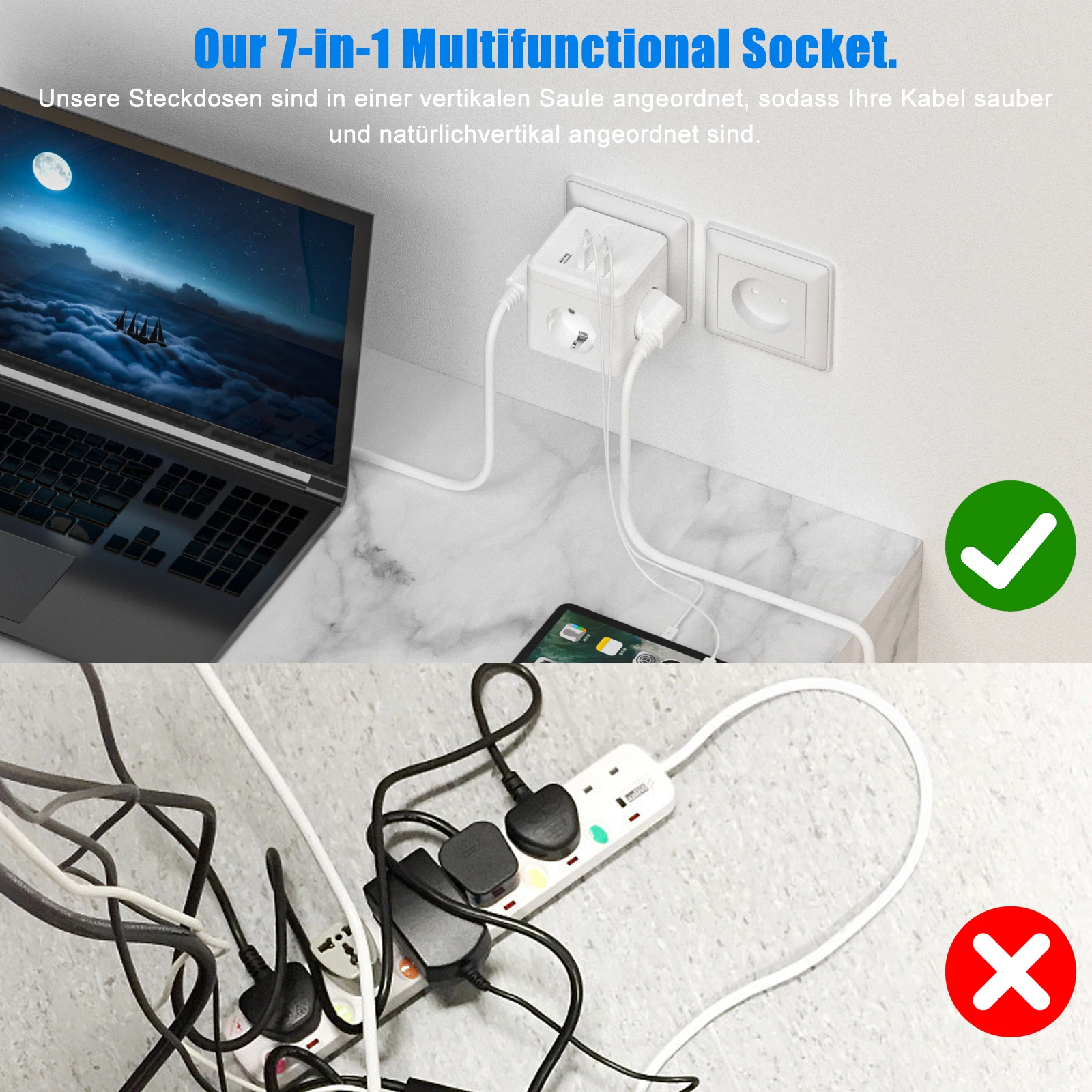 3680W EU Plug Cube Power Strip with 3 AC Outlets 3 USB Charger Wall  Multi Socket Electrical Outlet Extension for Home Bedroom