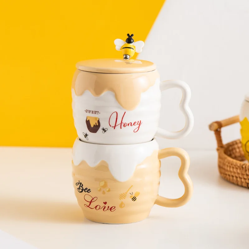 450ml Creative Ceramic Cup with Lid Cartoon Cute Bee Mug Office Coffee Cup Gift Water Cup