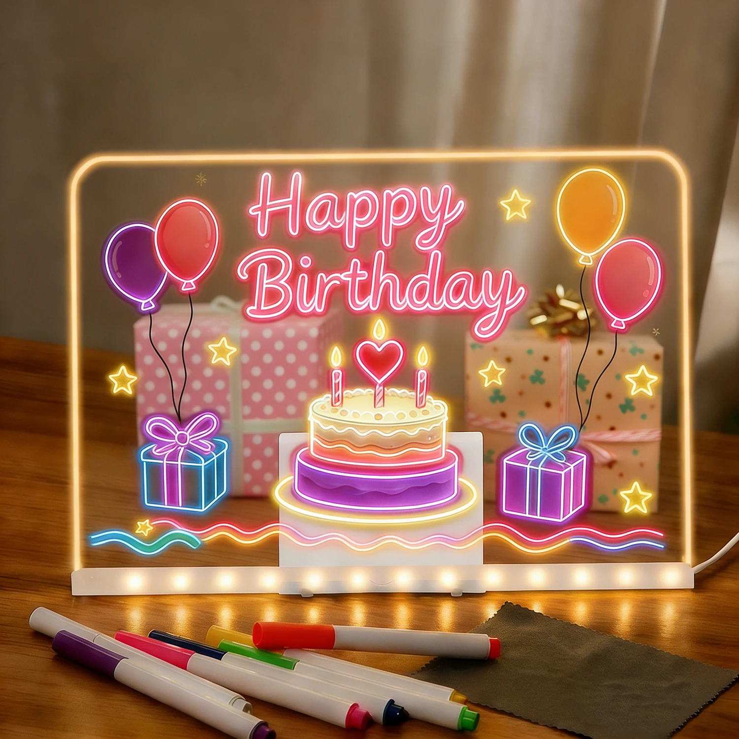 

USB LED Acrylic Drawing Board,Magnetic Memo Board with Warm White Light,7 Colored Pens Included, Birthday Gift Party Decoration
