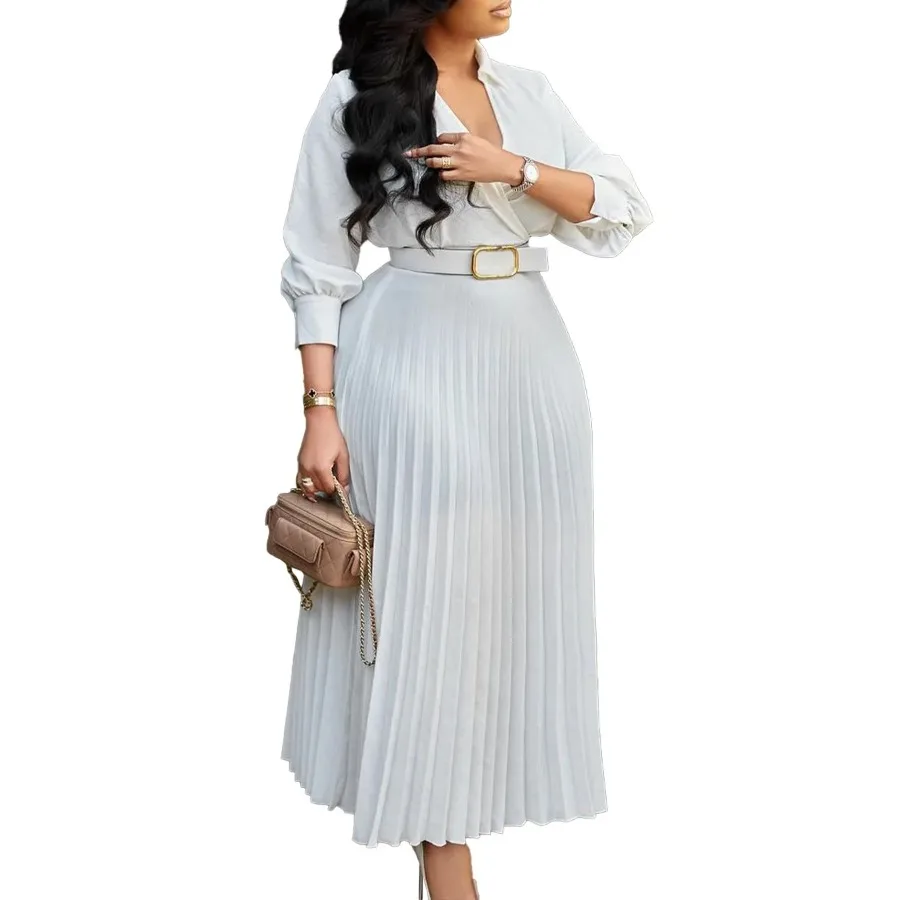 Plus Size Spring New Solid Color Matching Belt V-Neck 3/4 Sleeves Fashion Commuting Slim Fit Mid Length Elegant Style Dress