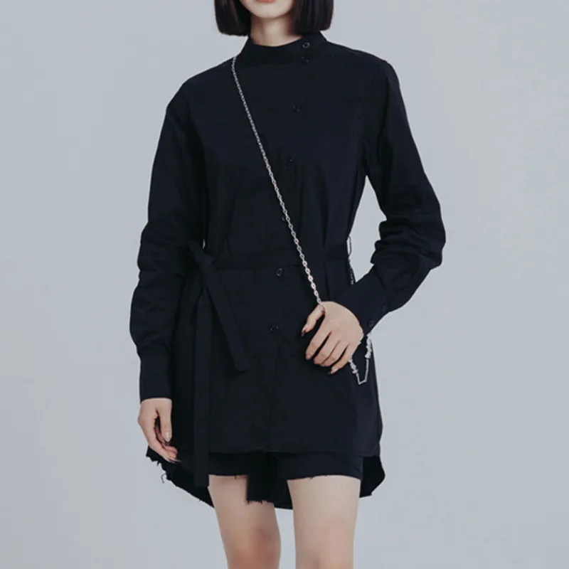 KWTX 에지 스트릿웨어 블랙 셔츠 탑 경량 스탠드 칼라 타이 벨트 사이드 스냅 캐주얼 봄 여름 2025 패션 시크