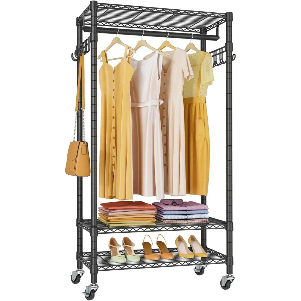 

R1 Medium Rolling Clothes Rack Portable Garment Rack for Hanging Clothes, 3 Wire Shelves Freestanding Heavy Duty Clothing Racks