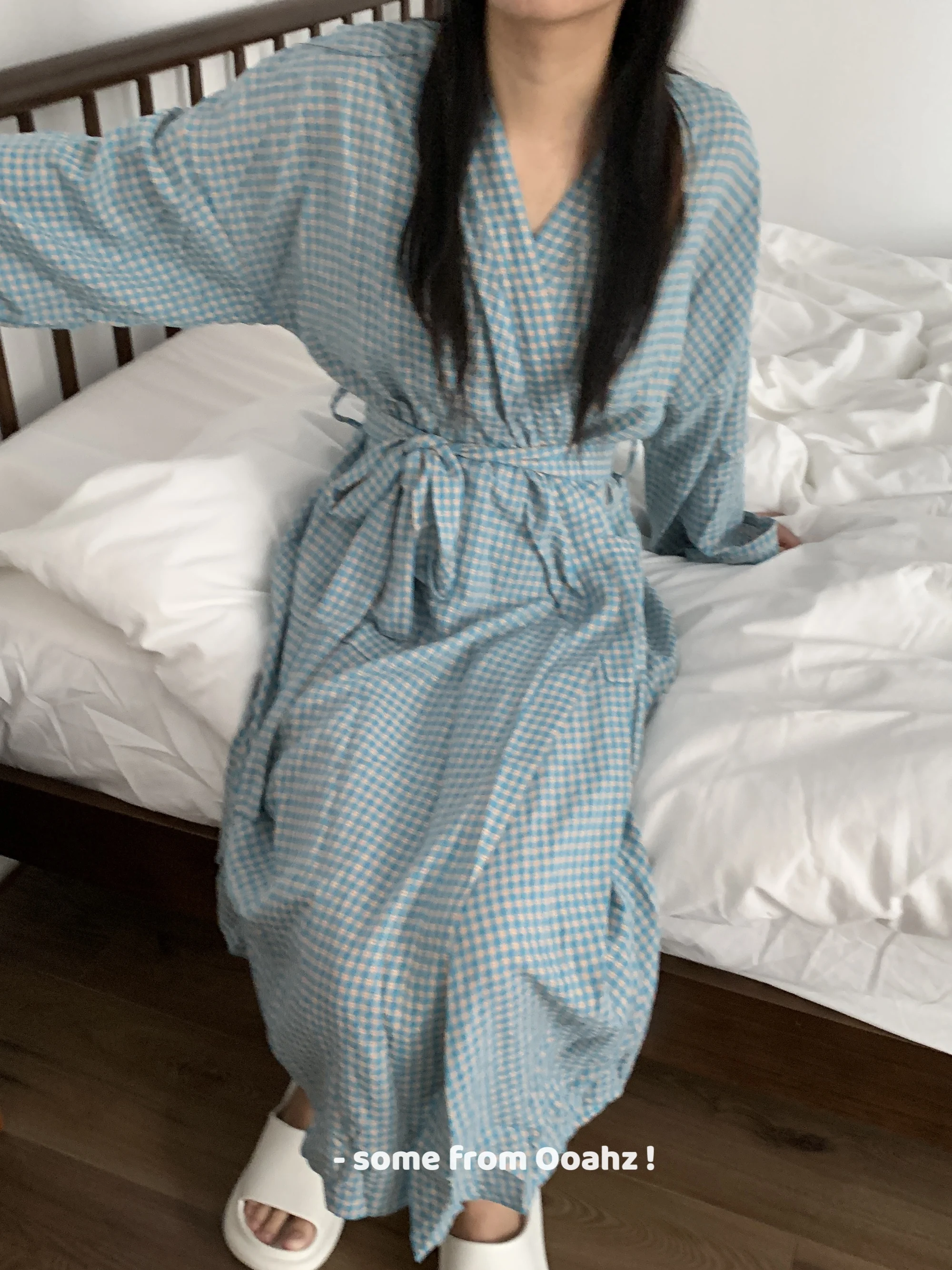 Blue Plaid Robes Nightgown Korean Fashion Cotton Loose Lace Up Mid Length Bathrobe Long Sleeve with Pockets 2024 Spring Autumn