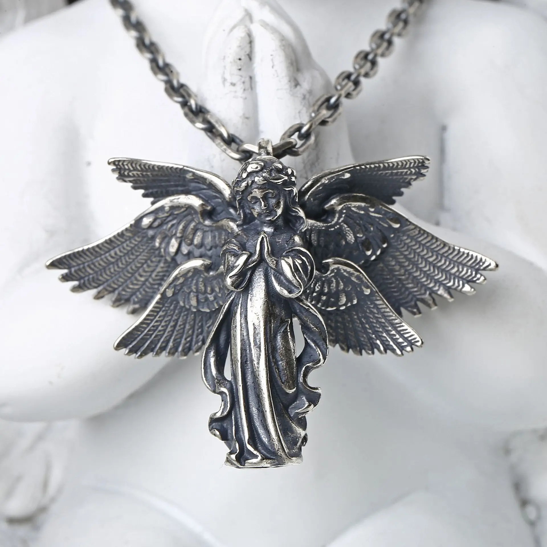 Vintage Silver Color Hand Carving Six Winged Angel Pendant