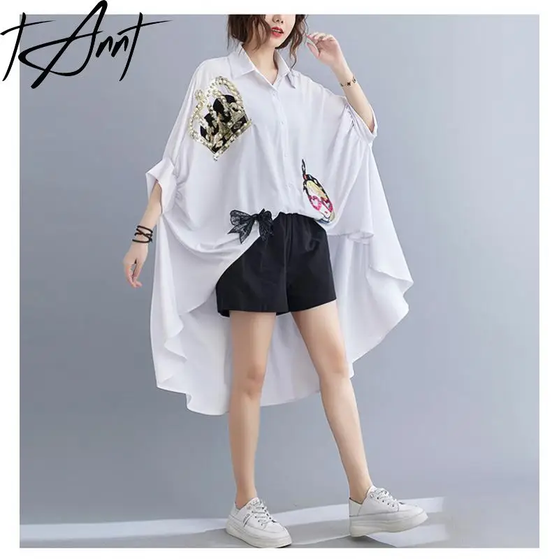 GetSpring Women Shirt 2024 Autumn Batwing Sleeve Sequin Asymmetrical Hem White Blouse All Match Loose Casual Long Female Tops