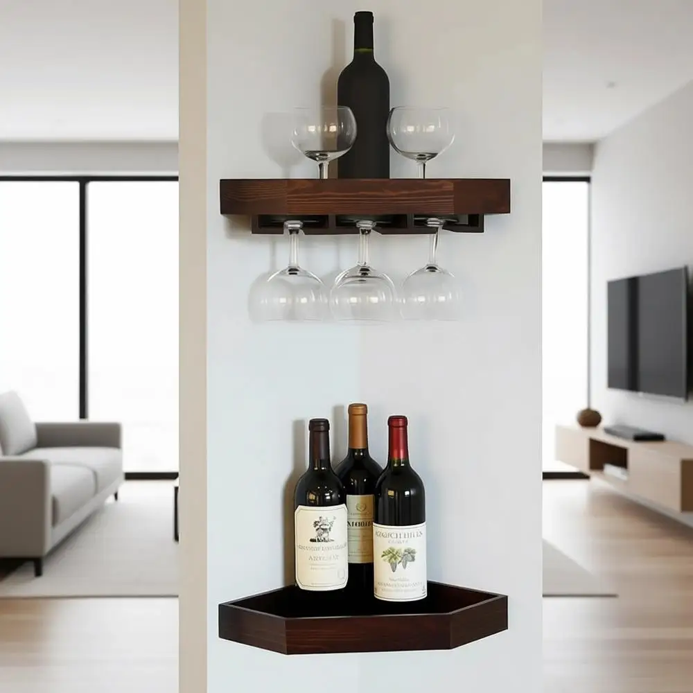 

Dual-Mounted Wooden Rustic Wall Wine Rack with 6-7 Glass Holders