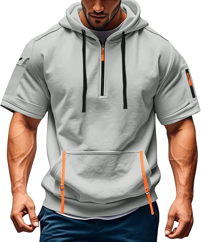 Men's Casual Sports Hoodie Spring Summer Fashion Solid Color Short-Sleeved Pullover with Arm Pocket And Pull Rope plus Size